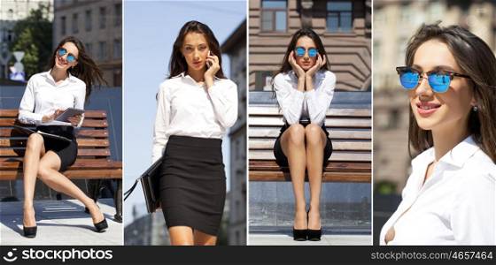 Collage. Young beautiful business woman with blue mirrored sunglasses