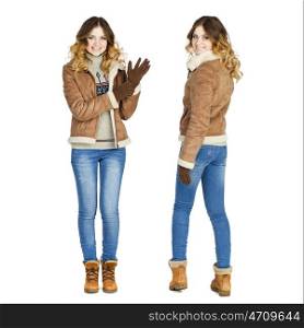 Collage, Young beautiful girls in a leather sheepskin coat and blue jeans isolated on white background