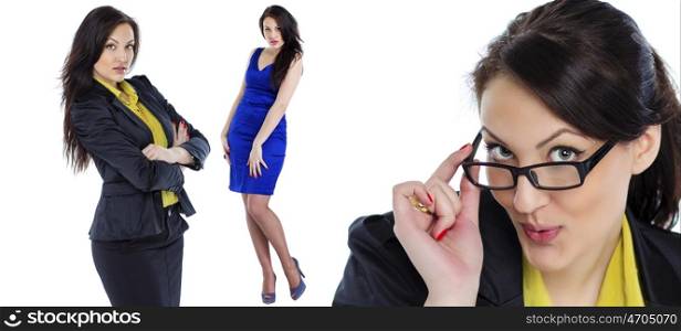 Collage, Young brunette business woman with eyeglasses isolated white background