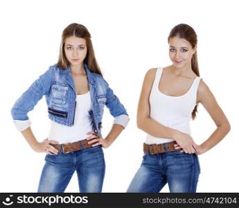 Collage, young girls in blue jeans, isolated on white