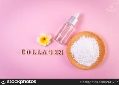 Collagen powder in a wooden bowl and moisturizing cosmetic serum on a pink background. Skin care, anti aging product.. Collagen powder in wooden bowl and moisturizing cosmetic serum on pink background. Skin care, anti aging product.