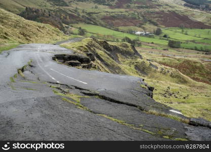 Collapsed A625 road in Peak District UK