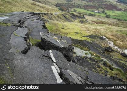Collapsed A625 road in Peak District UK
