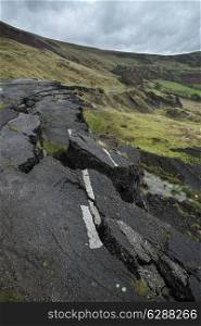 Collapsed A625 road in Peak District UK