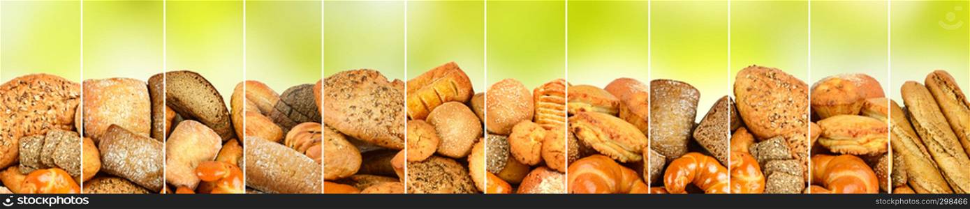 Collection bread products in frame of vertical lines on abstract green background. Copy space