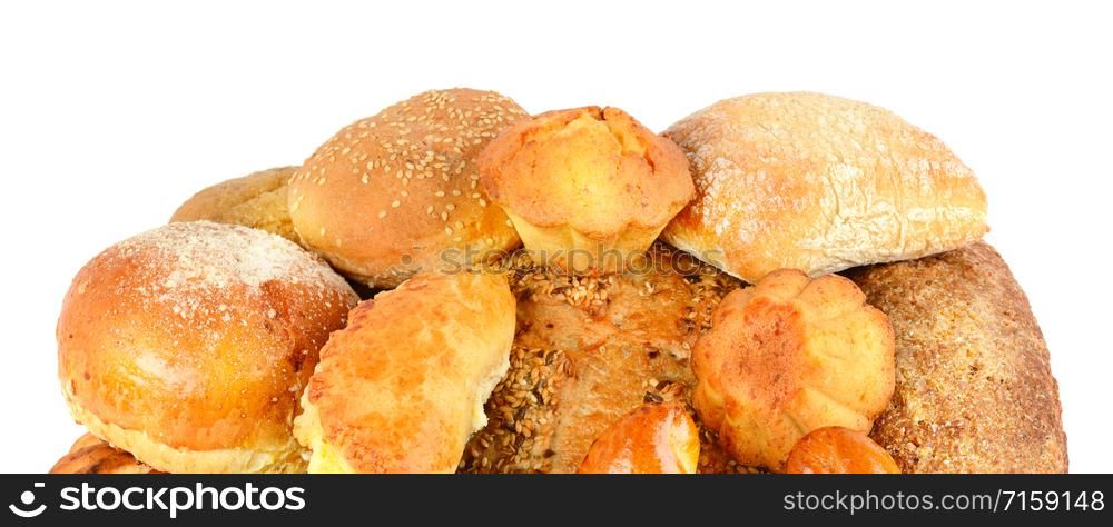 Collection breads and buns isolated on a white background. Wide photo.