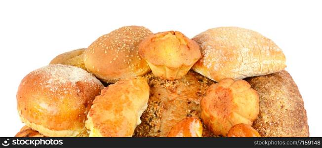 Collection breads and buns isolated on a white background. Wide photo.