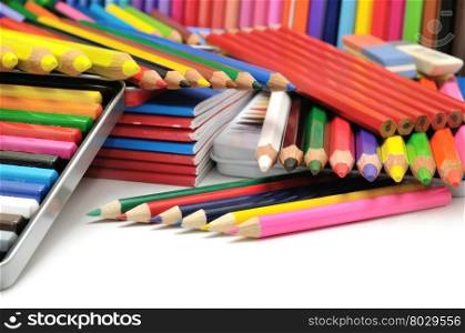 collection colored pencils isolated on white background