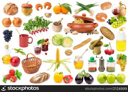 Collection diverse healthy products isolated on white background.