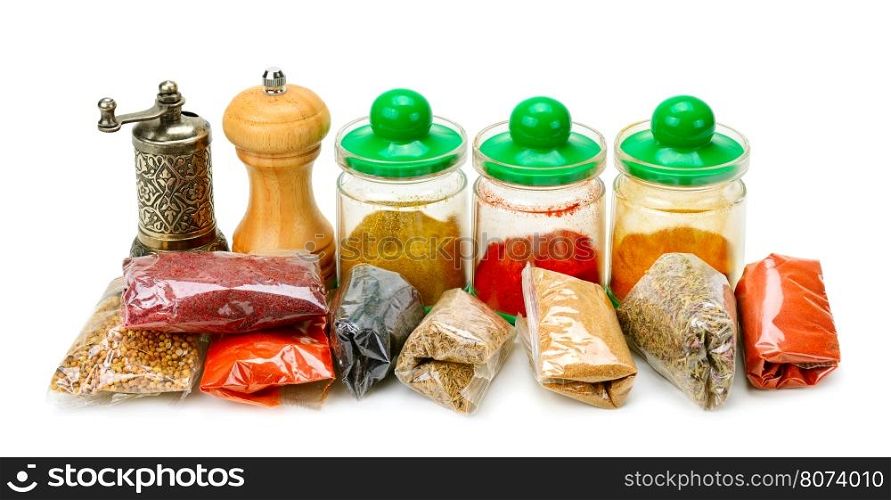 Collection dry spices isolated on white background