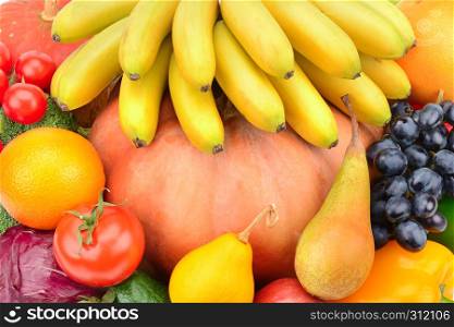 Collection fresh fruits and vegetables background. Organic healthy food.