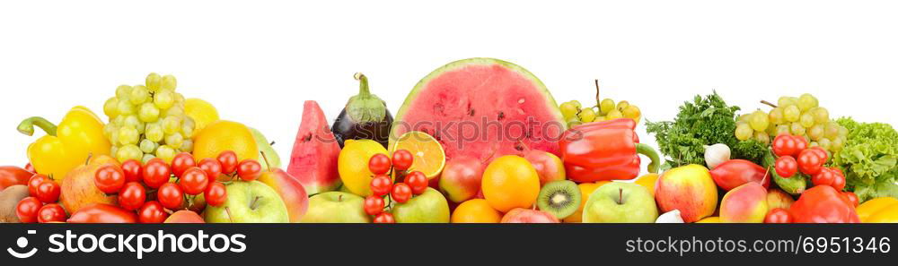 Collection fresh fruits and vegetables isolated on white background. Panoramic collage. Wide photo with free space for text.