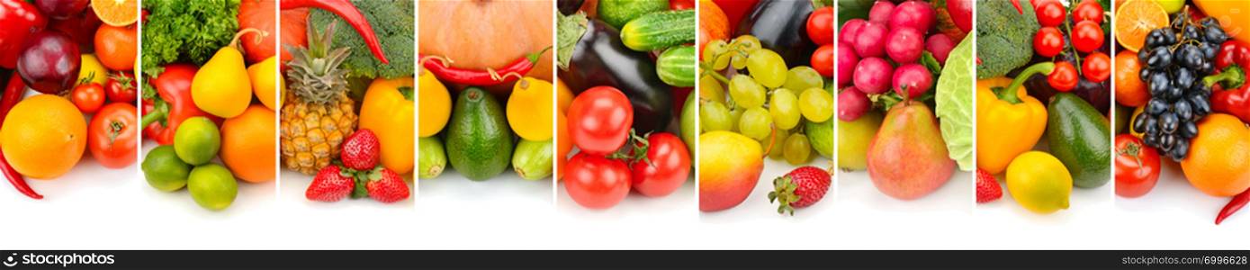 Collection fresh fruits and vegetables isolated on white background. Panoramic collage. Wide photo with free space for text.