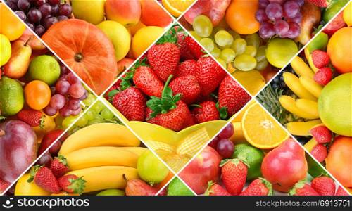 Collection fresh fruits background. Wide photo .