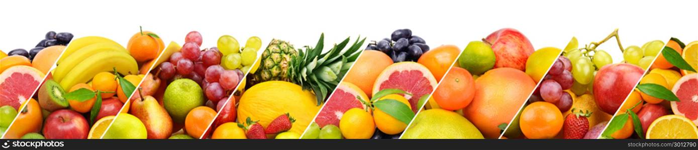 Collection fresh fruits isolated on white background. Panoramic collage. Wide photo with free space for text.