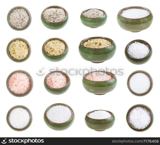 collection from ceramic salt cellar with various salts isolated on white background