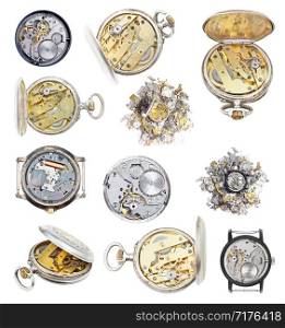 collection from vintage wathes and clock parts isolated on white background