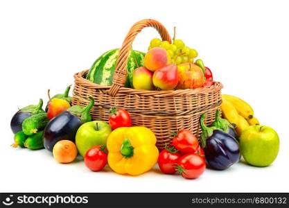 collection fruit and vegetable in basket isolated on white background