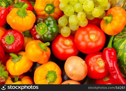 Collection fruit and vegetables background. Useful products for health.