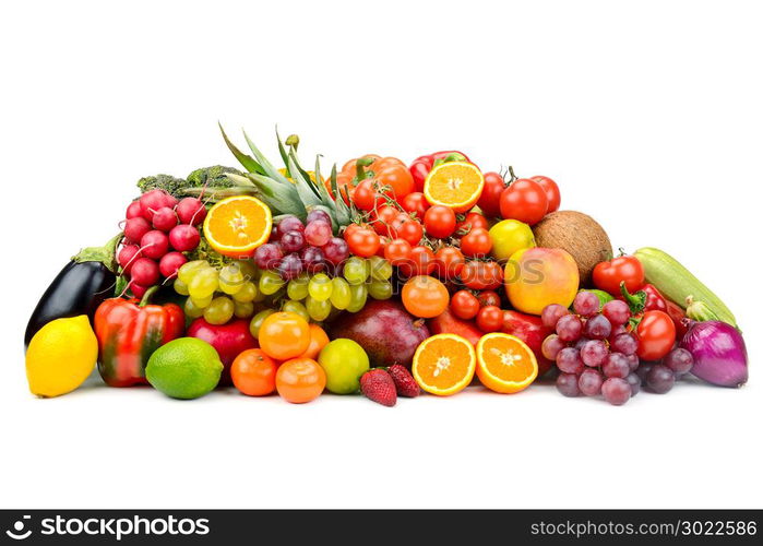 Collection multi-colored useful vegetables, fruits and berries isolated on white background. Free space for text.