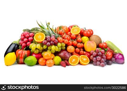 Collection multi-colored useful vegetables, fruits and berries isolated on white background. Free space for text.