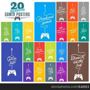 Collection of 20 PC Gaming Related Posters with Gamepad and Cable in the Shape of a Message on Coloured Background