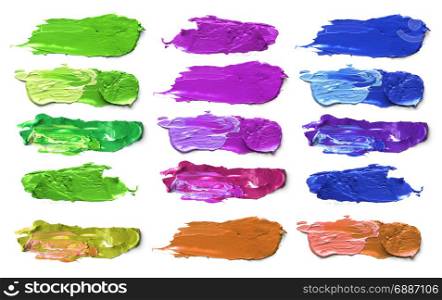 Collection of Abstract acrylic color brush strokes. Isolated on white.