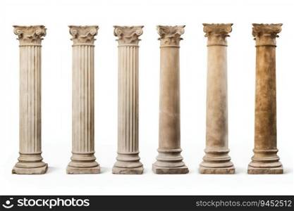 Collection of Antique Columns Isolated on White Background. Generative ai. High quality illustration. Collection of Antique Columns Isolated on White Background. Generative ai