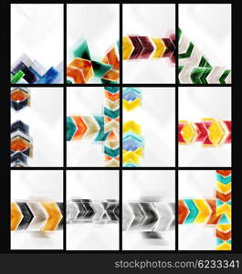 Collection of arrow abstract backgrounds. Set of web brochures, internet flyers, wallpaper or cover poster designs. Geometric style, colorful realistic glossy arrow shapes, blank templates with copyspace. Directional idea banners.