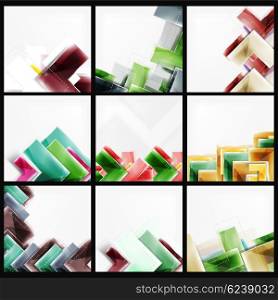 Collection of arrow abstract backgrounds. Set of web brochures, internet flyers, wallpaper or cover poster designs. Geometric style, colorful realistic glossy arrow shapes, blank templates with copyspace. Directional idea banners.