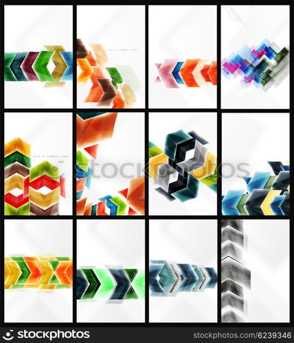 Collection of arrow abstract backgrounds. Set of web brochures, internet flyers, wallpaper or cover poster designs. Geometric style, colorful realistic glossy arrow shapes, blank templates with copyspace. Directional idea banners.