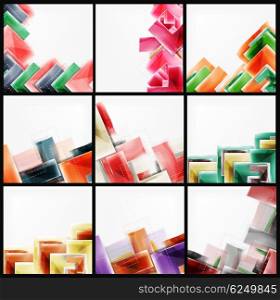 Collection of arrow abstract backgrounds. Set of web brochures, internet flyers, wallpaper or cover poster designs. Geometric style, colorful realistic glossy arrow shapes, blank templates with copyspace. Directional idea banners.