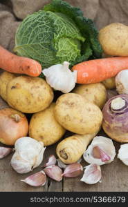 Collection of Autumn and Winter seasonal vegetables for stews and broths