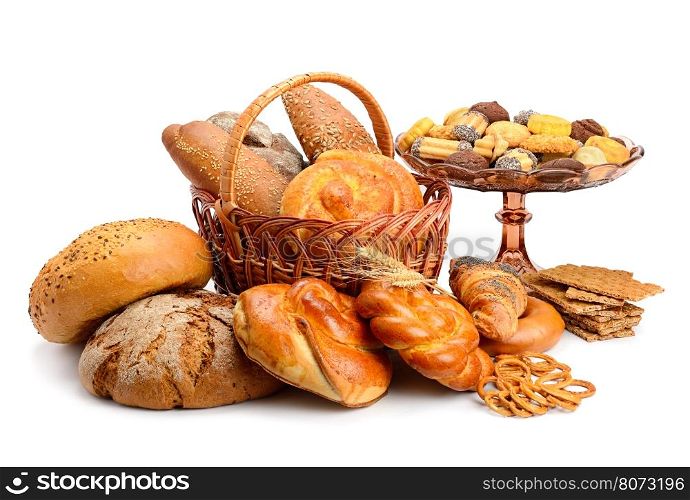 Collection of bread products isolated on white background
