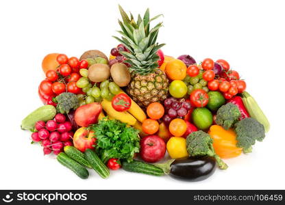 Collection of bright fresh fruits and vegetables isolated on a white background. Top view.