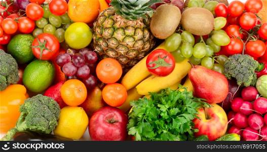 Collection of bright fresh fruits and vegetables. Top view.