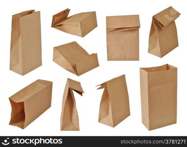 collection of brown paper bags. Isolated on white