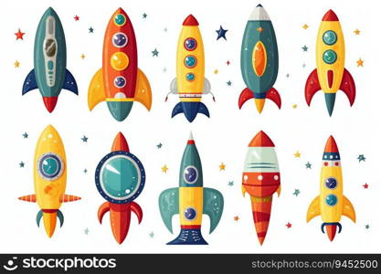 Collection of Cartoon Rockets Isolated on White Background. Generative ai. High quality illustration. Collection of Cartoon Rockets Isolated on White Background. Generative ai