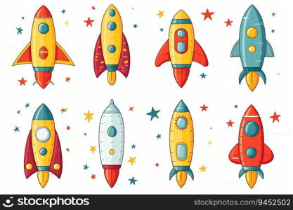 Collection of Cartoon Rockets Isolated on White Background. Generative ai. High quality illustration. Collection of Cartoon Rockets Isolated on White Background. Generative ai