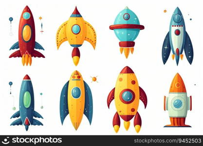 Collection of Cartoon Rockets Isolated on White Background. Generative ai. High quality illustration. Collection of Cartoon Rockets Isolated on White Background. Generative ai