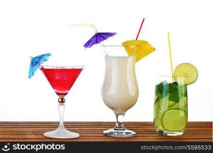 Collection of cocktail drinks in special goblets