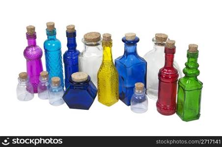 Collection of colorful bottles with cork stoppers - path included