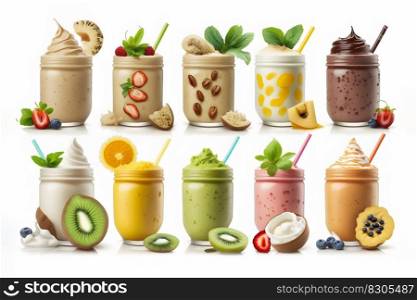 Collection of colorful delicious fruit smoothies isolated on white background. Neural network AI generated art. Collection of colorful delicious fruit smoothies isolated on white background. Neural network AI generated