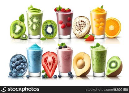 Collection of colorful delicious fruit smoothies isolated on white background. Neural network AI generated art. Collection of colorful delicious fruit smoothies isolated on white background. Neural network AI generated