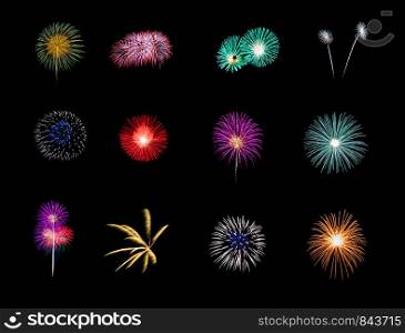 Collection of colorful fireworks isolated on black background