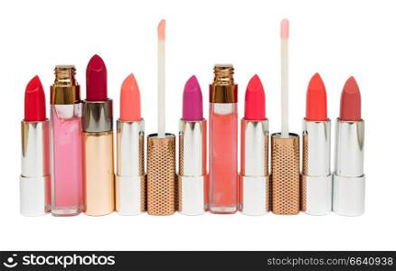Collection of colorful lipsticks isolated on white background. Collection of lipsticks