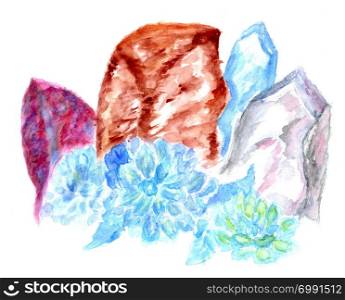 Collection of colorful rock crystals in different shapes hand drawn watercolor illustration.