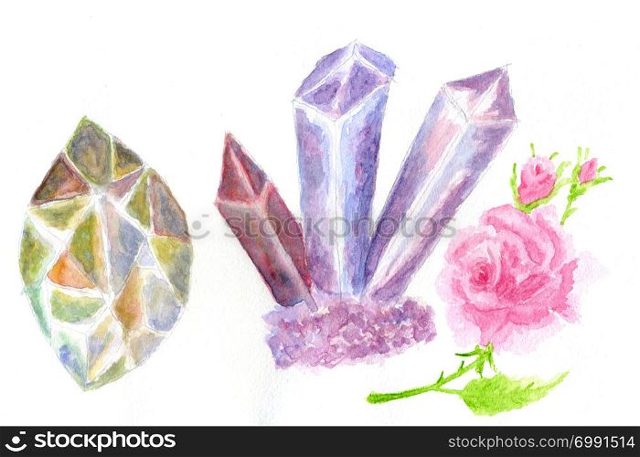 Collection of colorful rock crystals in different shapes hand drawn watercolor illustration.