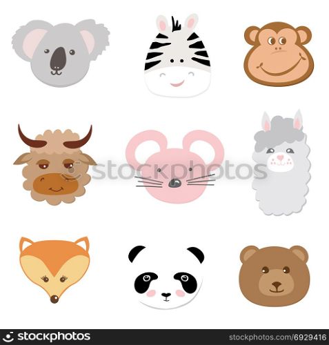 Collection of cute face animal. Big set, collection of cute faces of baby animals on white background. Included koala, zebra, monkey, yak, mouse, alpaca, lama, fox, panda and bear.