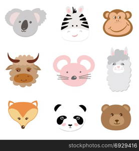 Collection of cute face animal. Big set, collection of cute faces of baby animals on white background. Included koala, zebra, monkey, yak, mouse, alpaca, lama, fox, panda and bear.